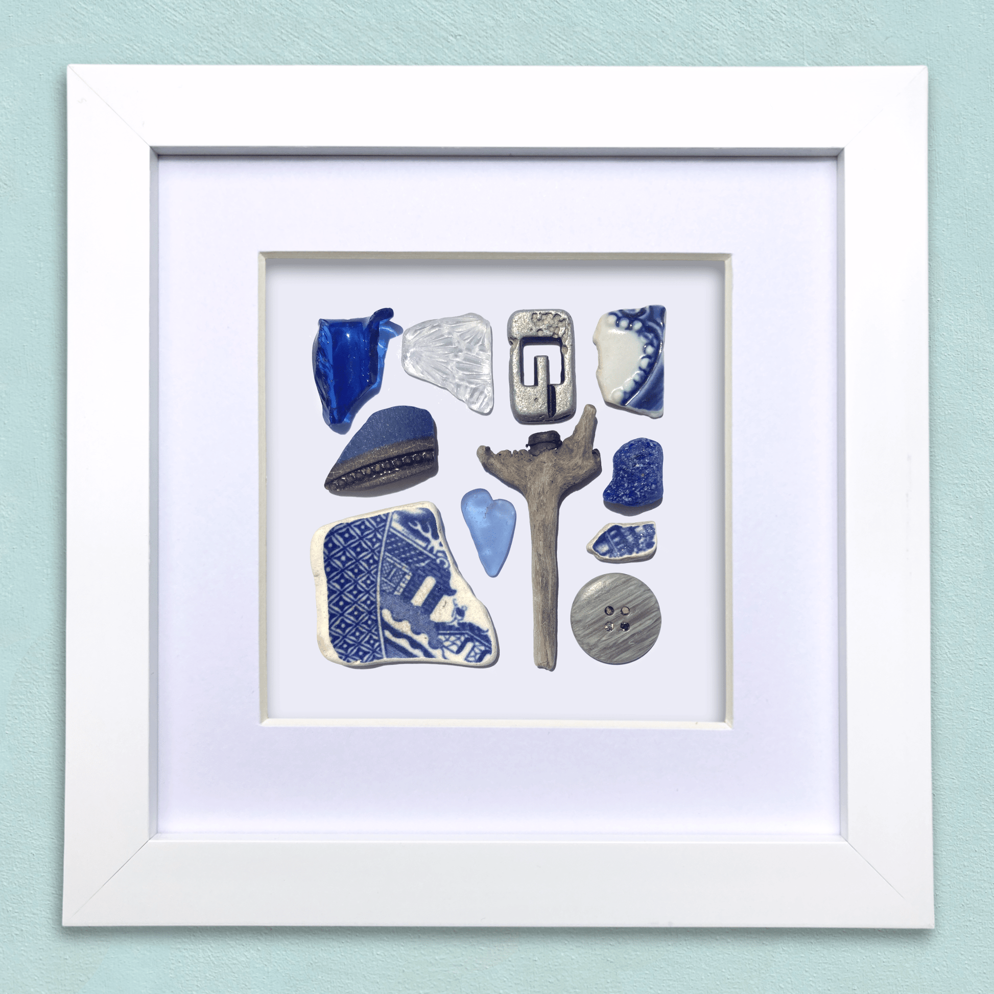 Rare Beachcombing Curiosities - Blue - Framed Beach Art - East Neuk Beach Crafts