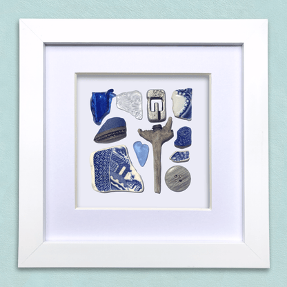 Rare Beachcombing Curiosities - Blue - Framed Beach Art - East Neuk Beach Crafts