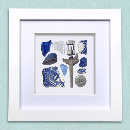 Rare Beachcombing Curiosities - Blue - Framed Beach Art - East Neuk Beach Crafts