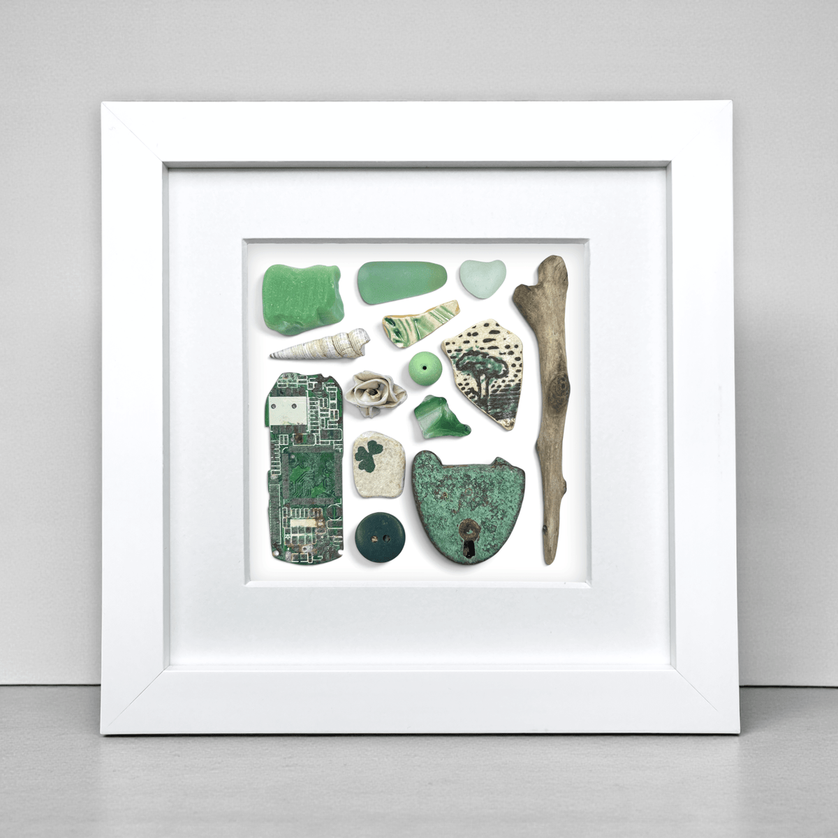 Rare Beachcombing Curiosities - Green - Framed Beach Art - East Neuk Beach Crafts