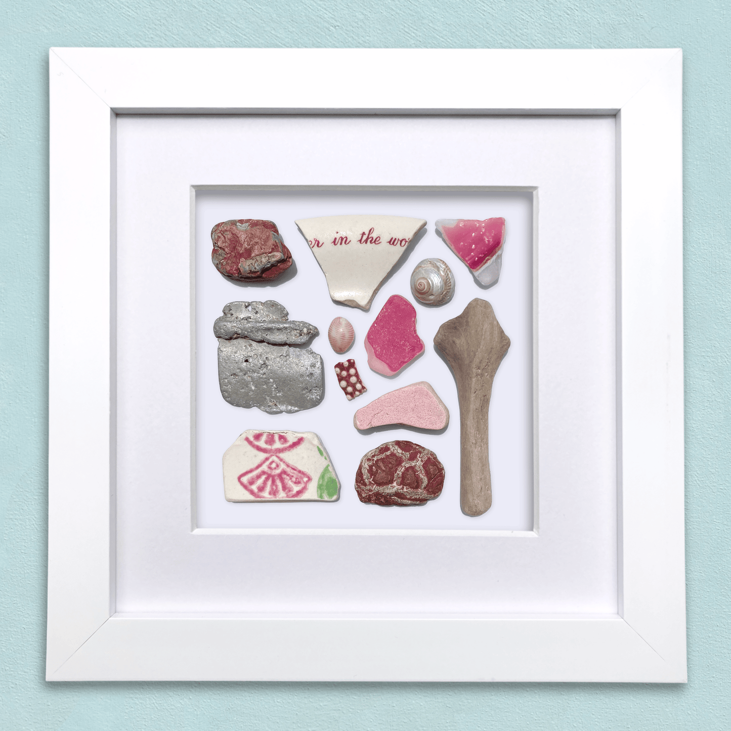 Rare Beachcombing Curiosities - Pink - Framed Beach Art - East Neuk Beach Crafts