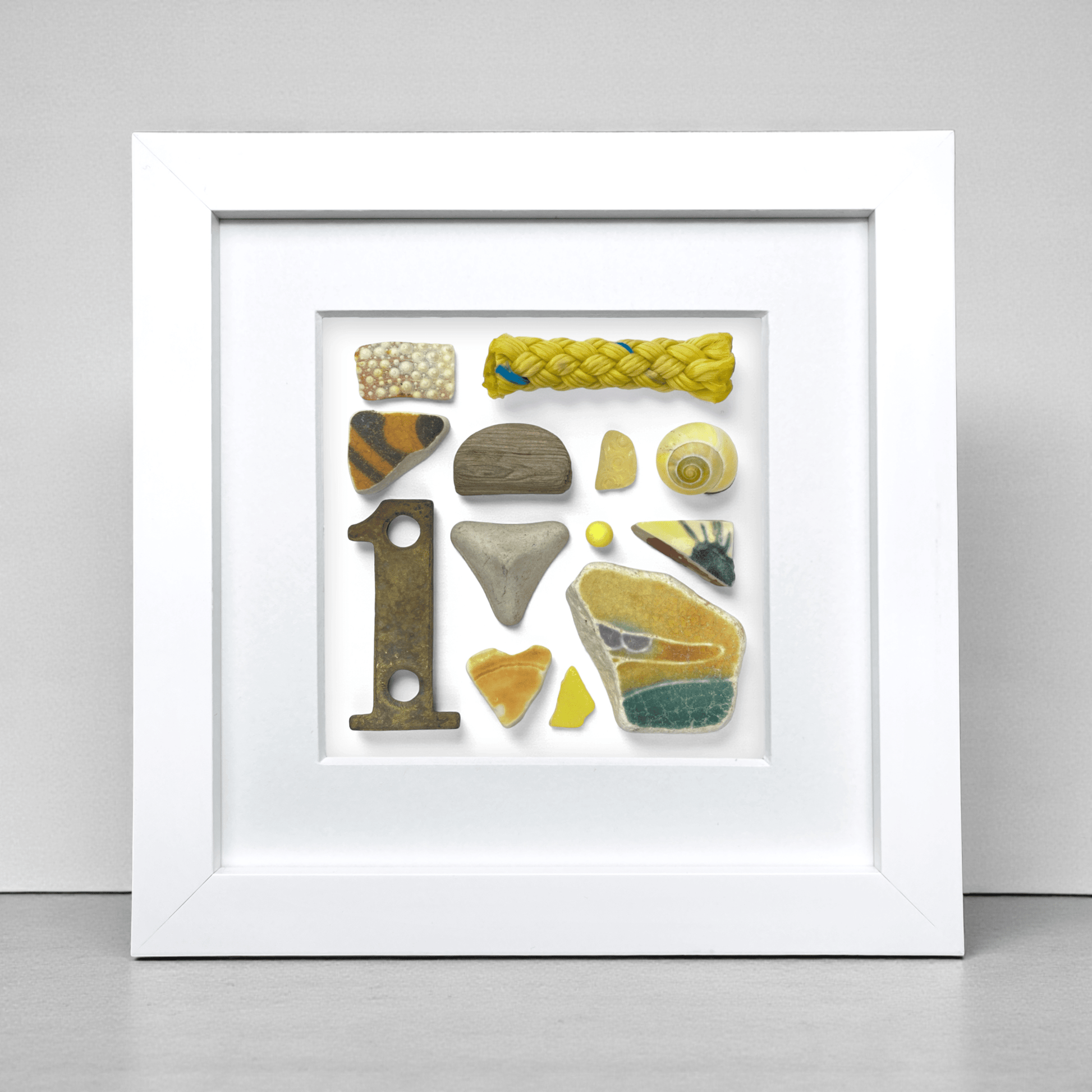 Rare Beachcombing Curiosities - Yellow - Framed Beach Art - East Neuk Beach Crafts
