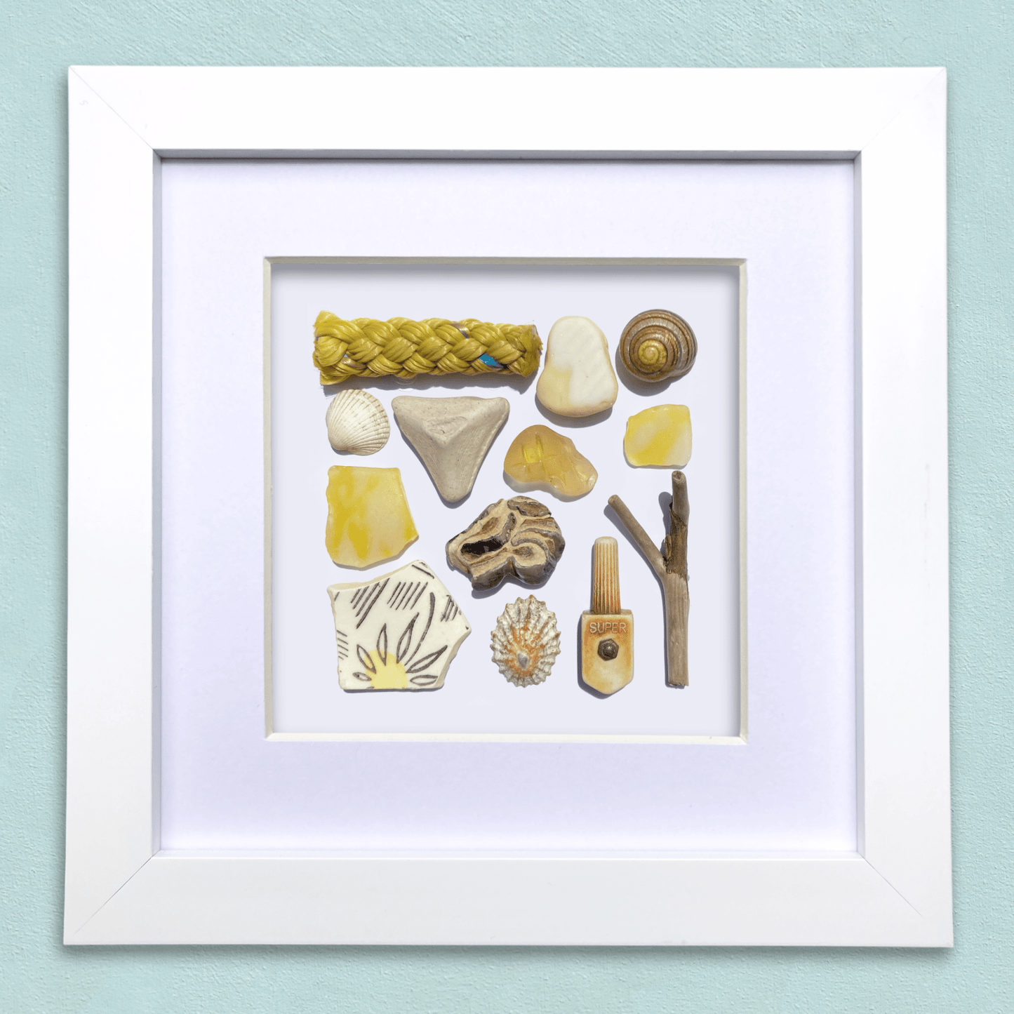 Rare Beachcombing Curiosities - Yellow - Framed Beach Art - East Neuk Beach Crafts