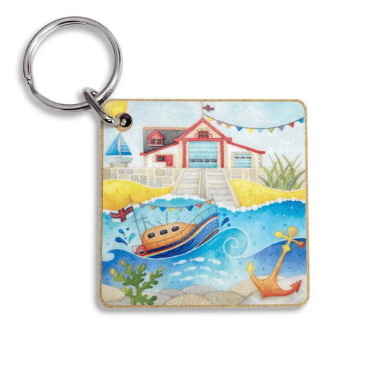 RNLI Lifeboat Keyring - Square Wooden Key Chain - East Neuk Beach Crafts