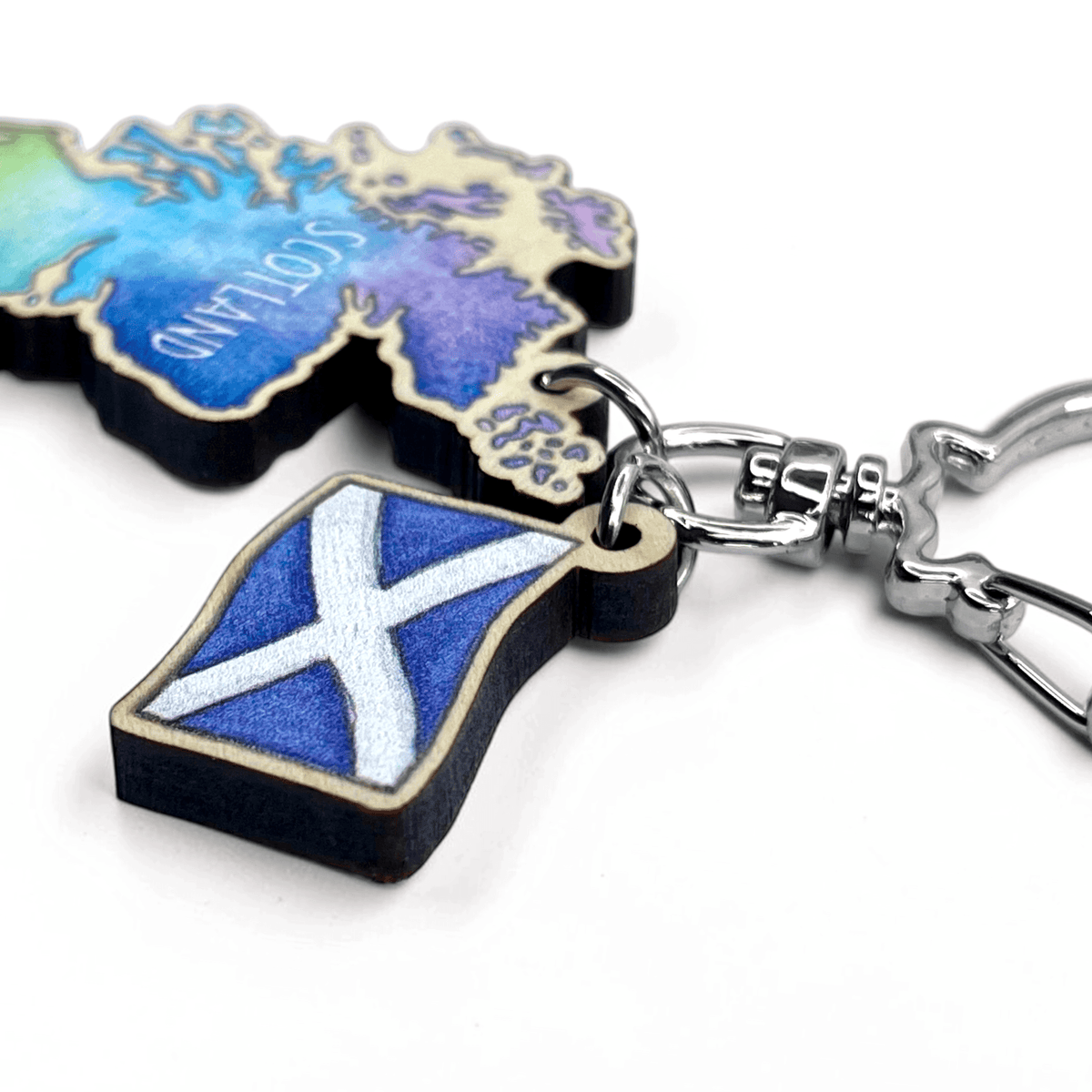 Scotland Map Keyring - Saltire Flag - Wooden Scottish Key Chain - East Neuk Beach Crafts