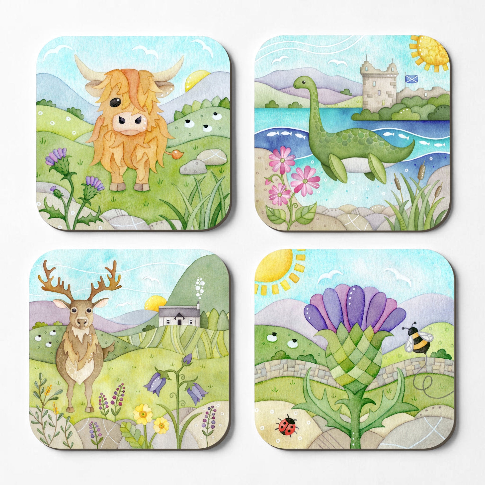 Scottish Highlands Coaster Set x 4 - Highland Cow, Nessie, Stag, Thistle - Save £2 - East Neuk Beach Crafts
