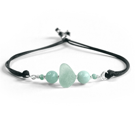 Sea Glass Bracelet - Aqua Green - Black Cord and Amazonite Crystal - East Neuk Beach Crafts