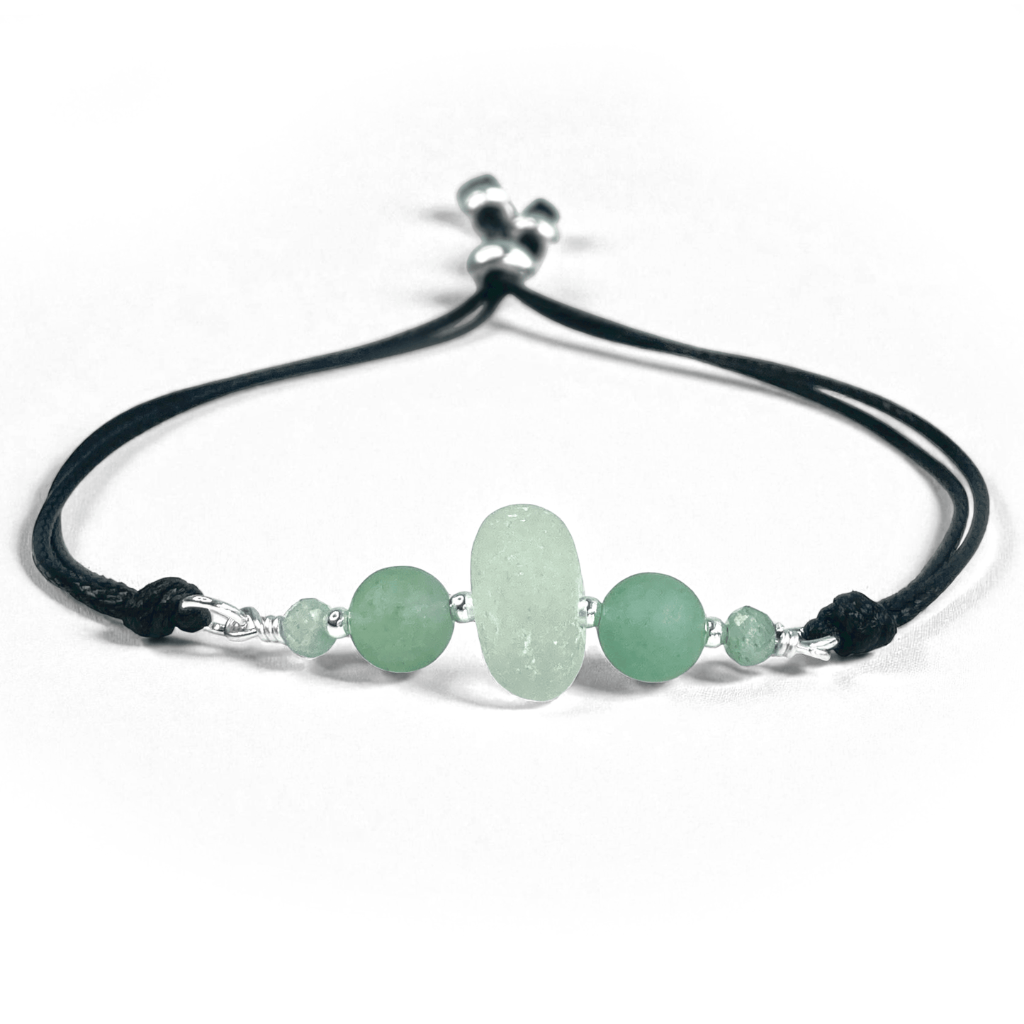 Sea Glass Bracelet - Aqua Green - Black Cord and Aventurine Crystal - East Neuk Beach Crafts