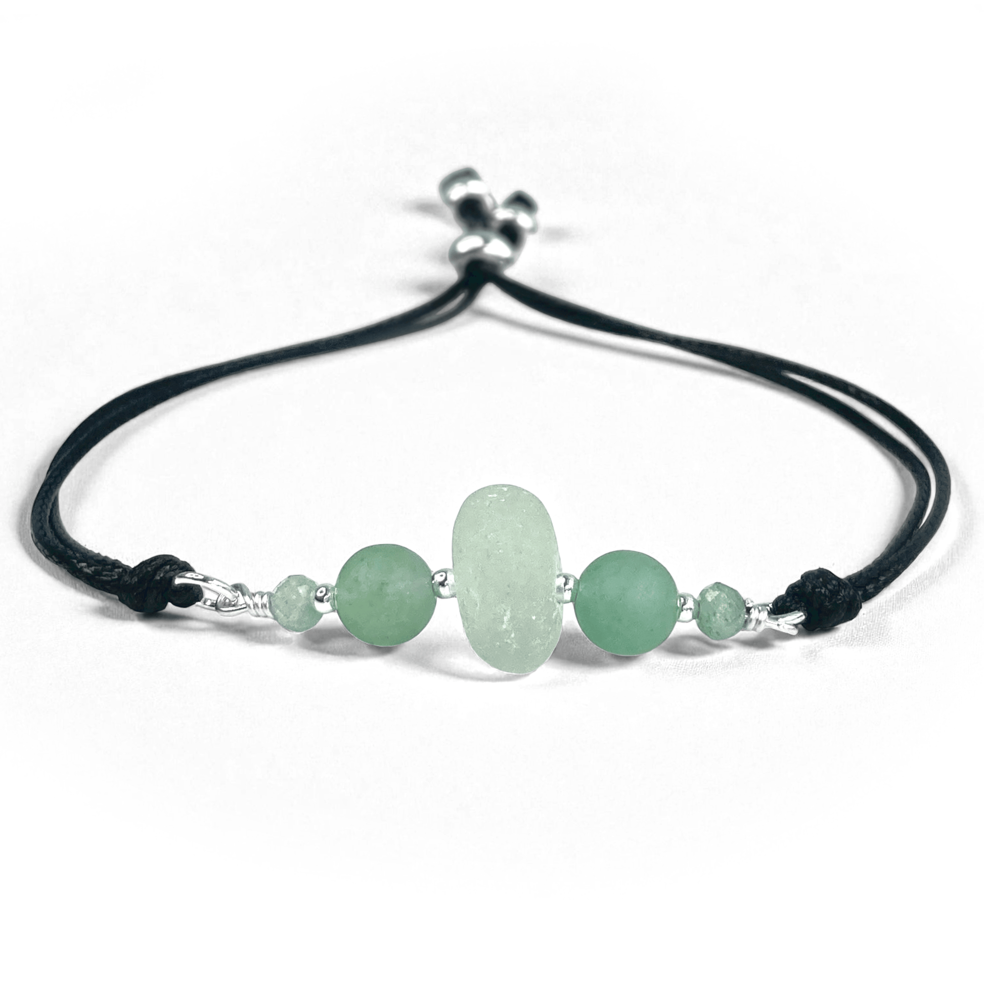 Sea Glass Bracelet - Aqua Green - Black Cord and Aventurine Crystal - East Neuk Beach Crafts
