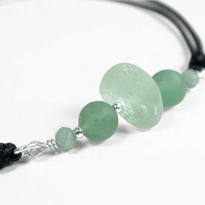 Sea Glass Bracelet - Aqua Green - Black Cord and Aventurine Crystal - East Neuk Beach Crafts