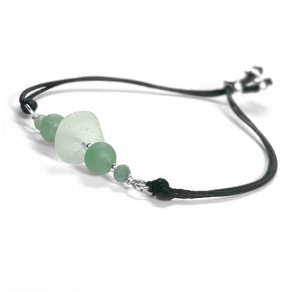 Sea Glass Bracelet - Aqua Green - Black Cord and Aventurine Crystal - East Neuk Beach Crafts