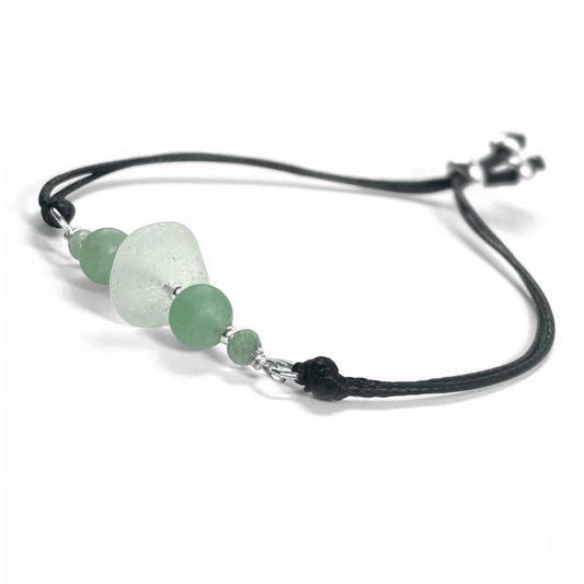 Sea Glass Bracelet - Aqua Green - Black Cord and Aventurine Crystal - East Neuk Beach Crafts