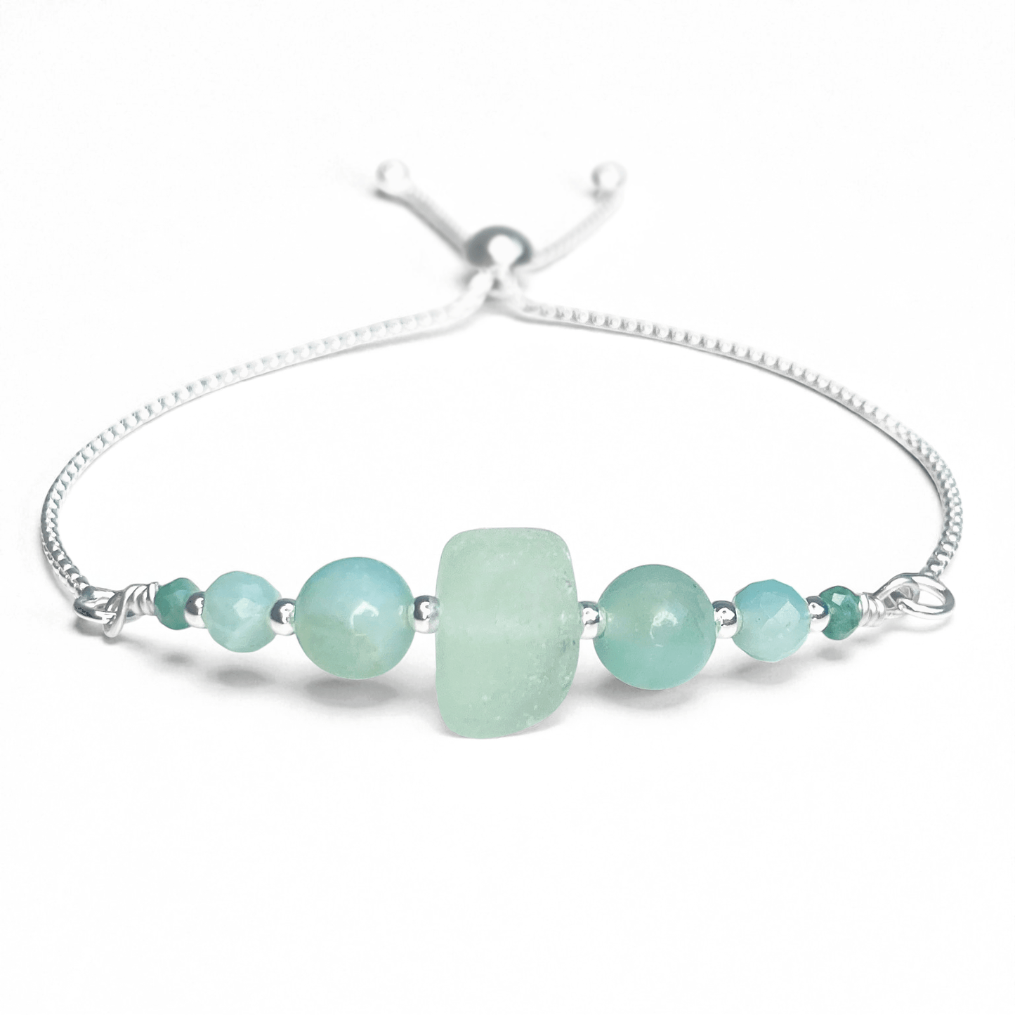 Sea Glass Bracelet - Aqua Green - Silver and Amazonite Crystal