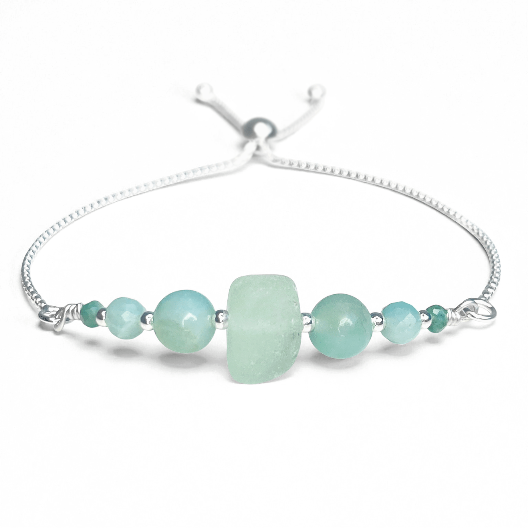 Sea Glass Bracelet - Aqua Green - Silver and Amazonite Crystal