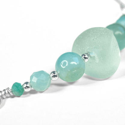 Sea Glass Bracelet - Aqua Green - Silver and Amazonite Crystal