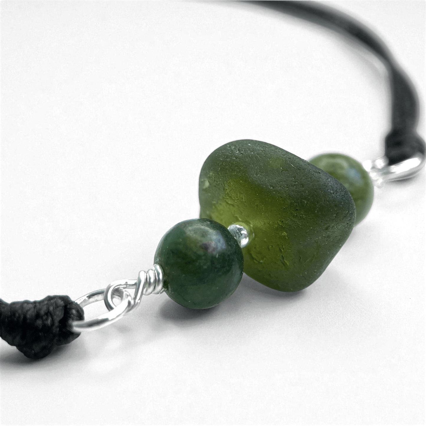 Sea Glass Bracelet - Olive Green - Black Cord and Jade Crystal - East Neuk Beach Crafts