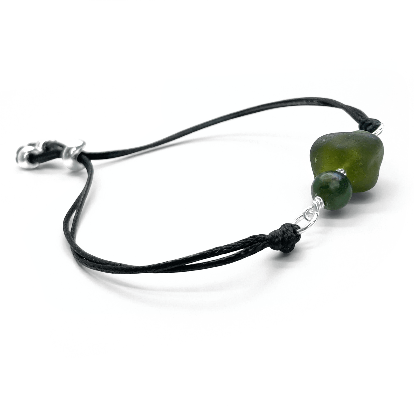 Sea Glass Bracelet - Olive Green - Black Cord and Jade Crystal - East Neuk Beach Crafts