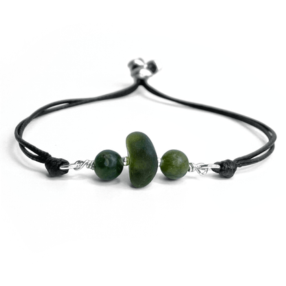 Sea Glass Bracelet - Olive Green - Black Cord and Jade Crystal - East Neuk Beach Crafts