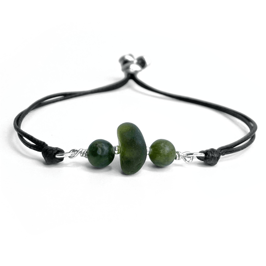 Sea Glass Bracelet - Olive Green - Black Cord and Jade Crystal - East Neuk Beach Crafts