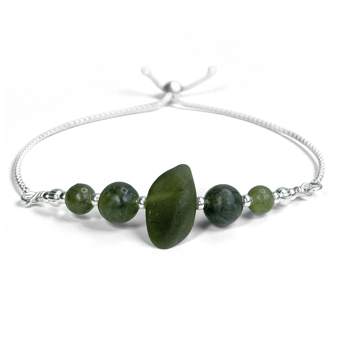 Sea Glass Bracelet - Olive Green - Silver and Jade Crystal - East Neuk Beach Crafts