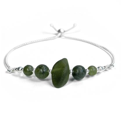 Sea Glass Bracelet - Olive Green - Silver and Jade Crystal - East Neuk Beach Crafts