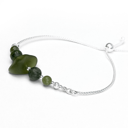 Sea Glass Bracelet - Olive Green - Silver and Jade Crystal - East Neuk Beach Crafts