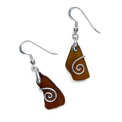 Sea Glass Earrings - Amber Celtic Wire Wrapped Jewellery - East Neuk Beach Crafts