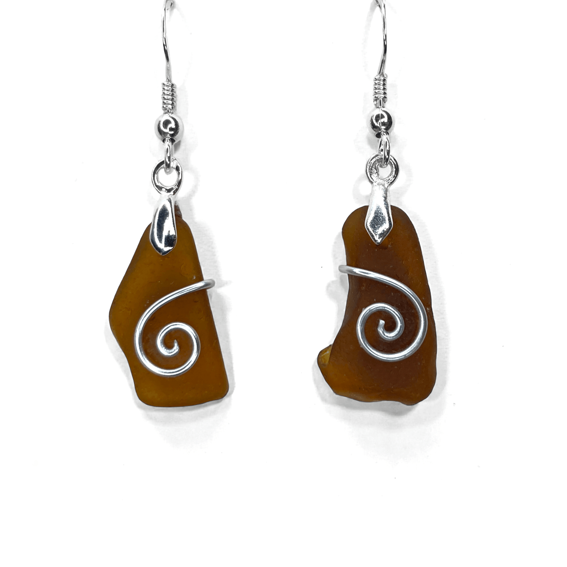 Sea Glass Earrings - Amber Celtic Wire Wrapped Jewellery - East Neuk Beach Crafts