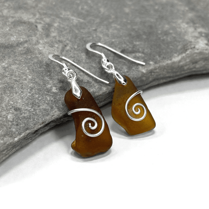 Sea Glass Earrings - Amber Celtic Wire Wrapped Jewellery - East Neuk Beach Crafts
