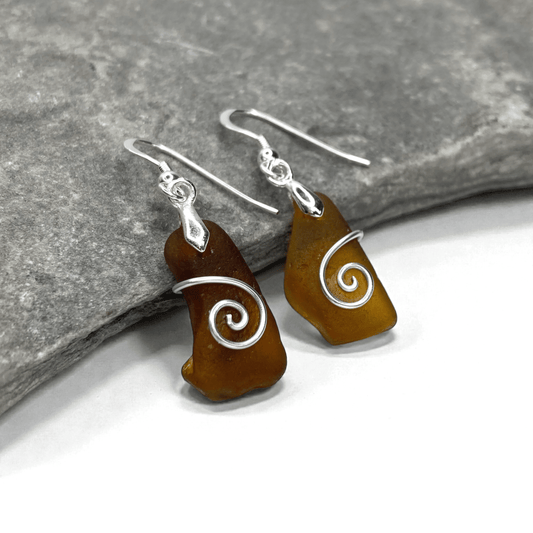 Sea Glass Earrings - Amber Celtic Wire Wrapped Jewellery - East Neuk Beach Crafts