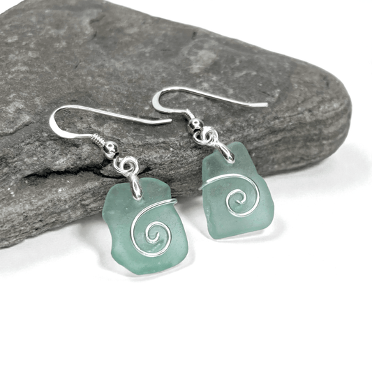Sea Glass Earrings - Aqua Celtic Wire Wrapped Jewellery