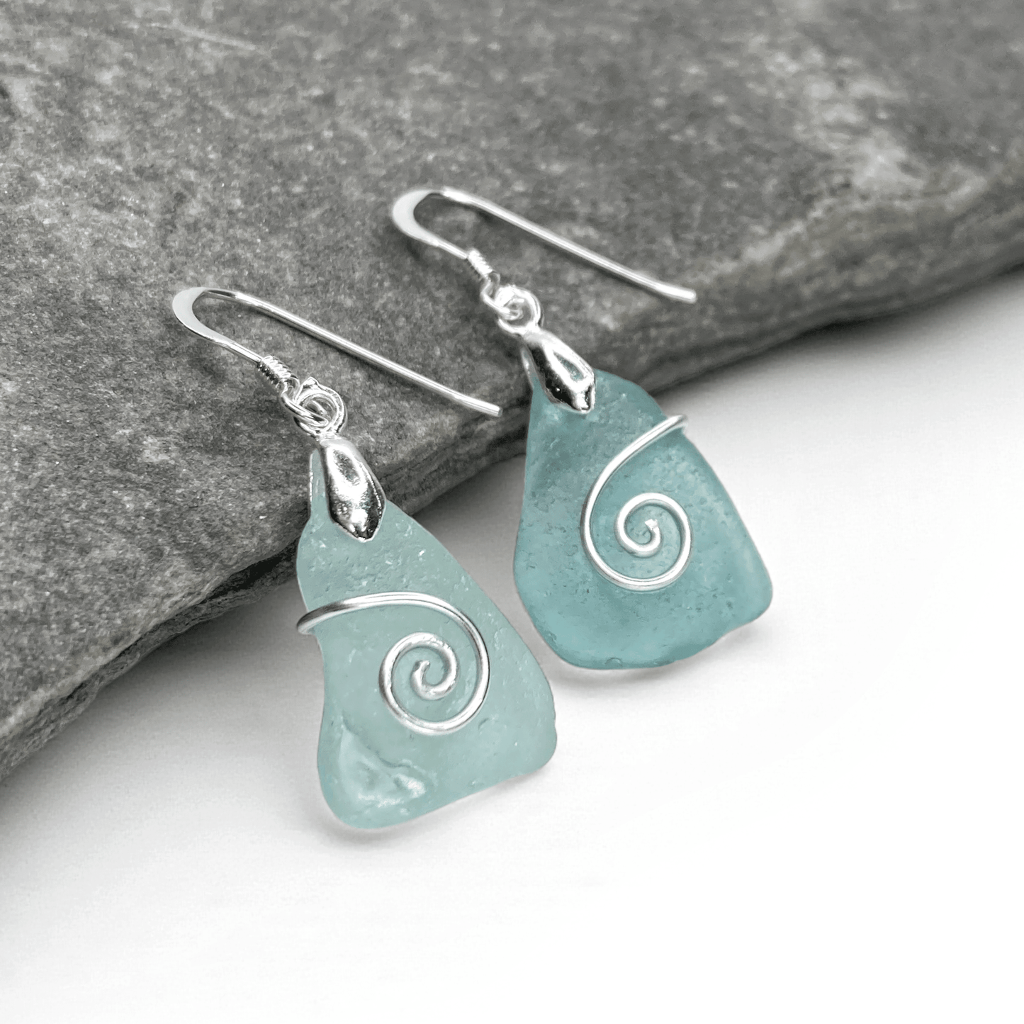Sea Glass Earrings - Aqua Celtic Wire Wrapped Jewellery - East Neuk Beach Crafts