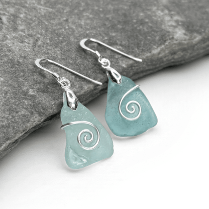 Sea Glass Earrings - Aqua Celtic Wire Wrapped Jewellery - East Neuk Beach Crafts