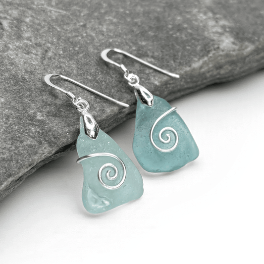 Sea Glass Earrings - Aqua Celtic Wire Wrapped Jewellery - East Neuk Beach Crafts