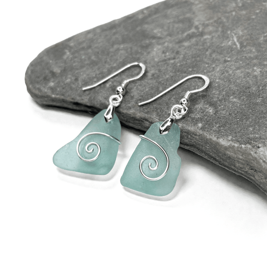 Sea Glass Earrings - Aqua Celtic Wire Wrapped Jewellery - East Neuk Beach Crafts