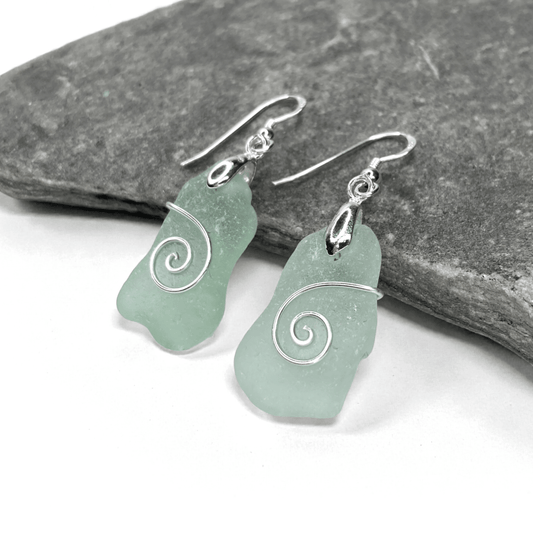 Sea Glass Earrings - Aqua Celtic Wire Wrapped Jewellery - East Neuk Beach Crafts