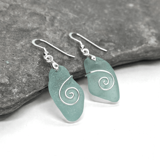 Sea Glass Earrings - Aqua Celtic Wire Wrapped Jewellery - East Neuk Beach Crafts