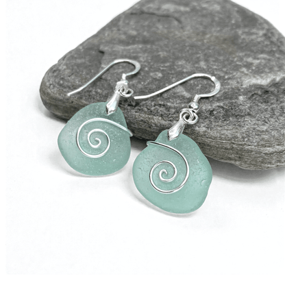 Sea Glass Earrings - Aqua Green Celtic Silver Wire Wrapped Jewellery - East Neuk Beach Crafts