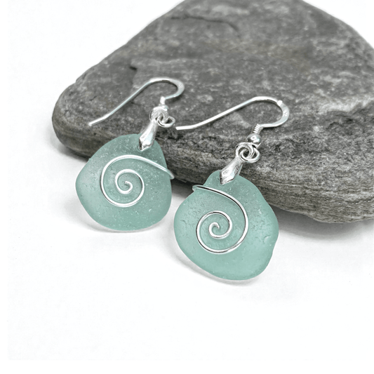 Sea Glass Earrings - Aqua Green Celtic Silver Wire Wrapped Jewellery - East Neuk Beach Crafts
