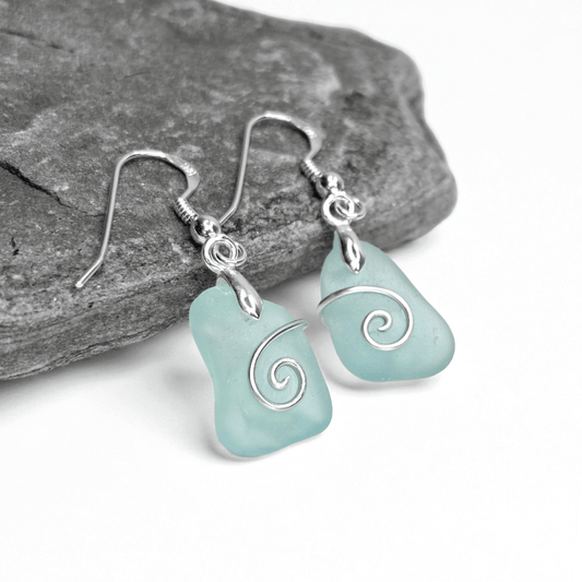Sea Glass Earrings - Aqua Green Celtic Silver Wire Wrapped Jewellery - East Neuk Beach Crafts