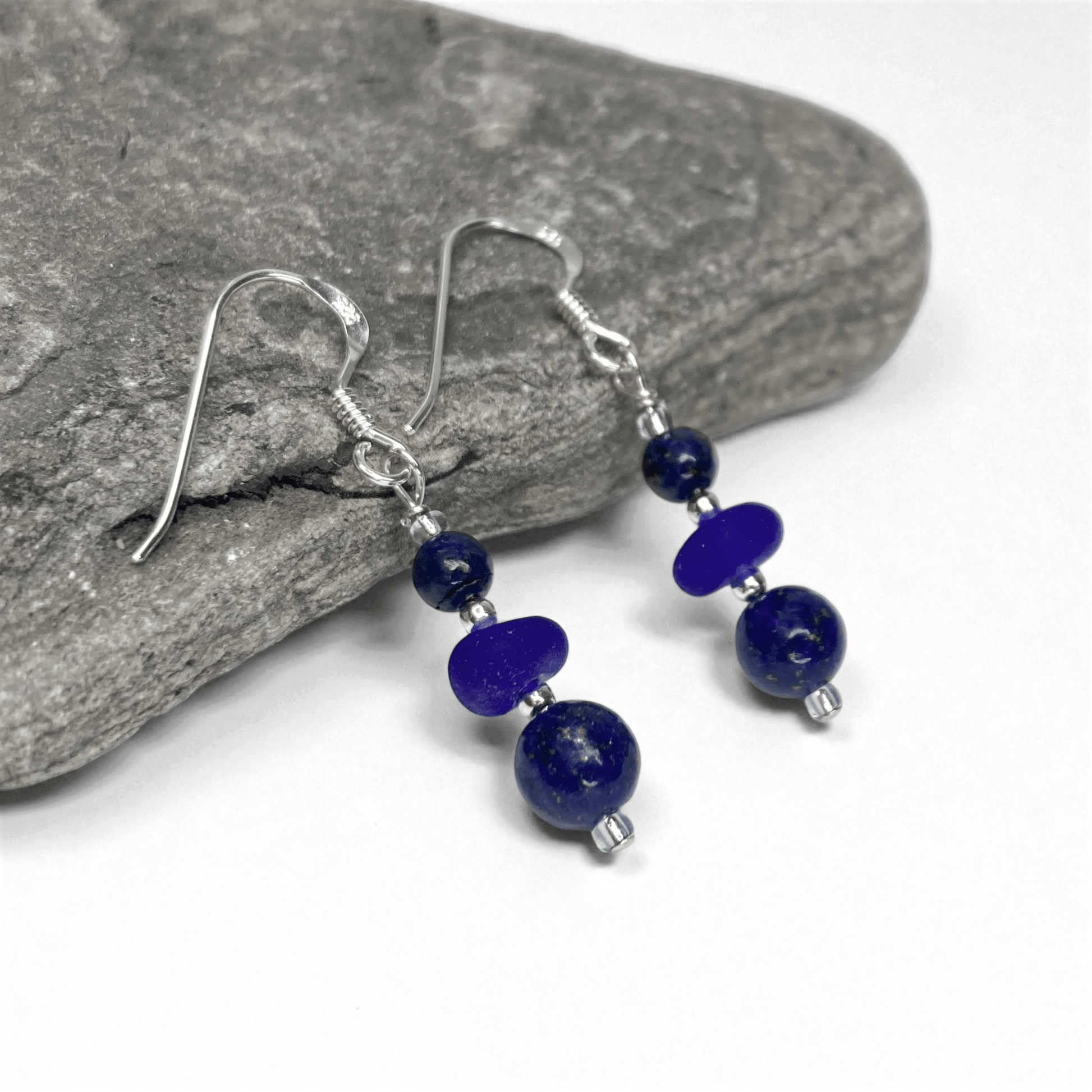 Sea Glass Earrings - Beaded - Blue Lapis Lazuli Crystal - East Neuk Beach Crafts