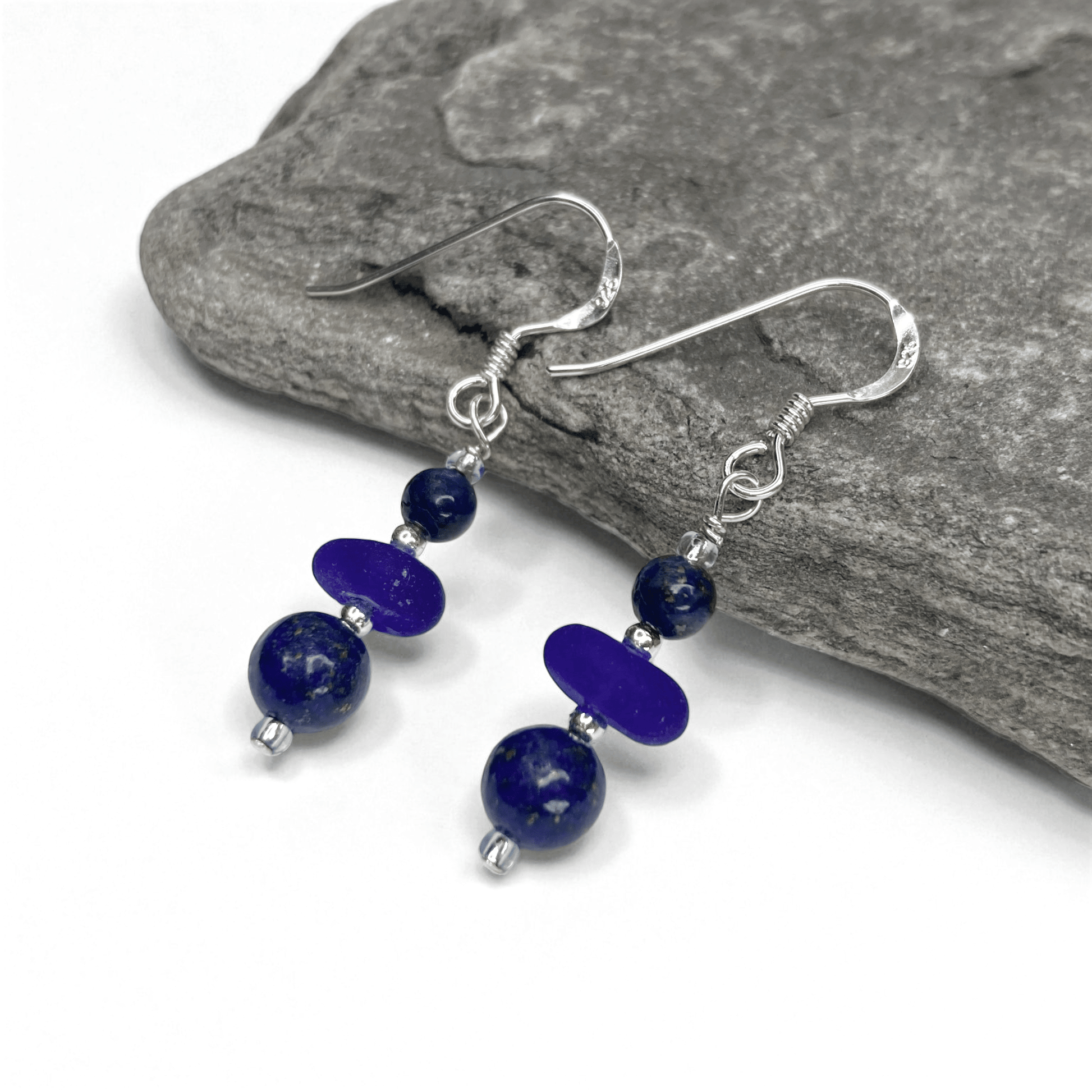 Sea Glass Earrings - Beaded - Blue Lapis Lazuli Crystal - East Neuk Beach Crafts