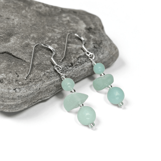 Sea Glass Earrings - Beaded - Green Amazonite Crystal - East Neuk Beach Crafts