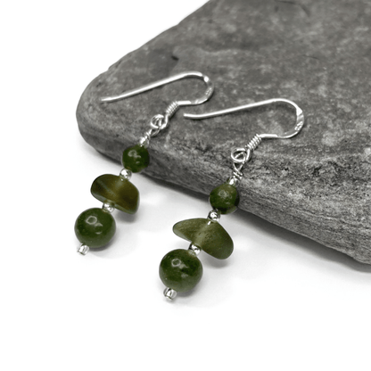 Sea Glass Earrings - Beaded - Green Jade Crystal - East Neuk Beach Crafts