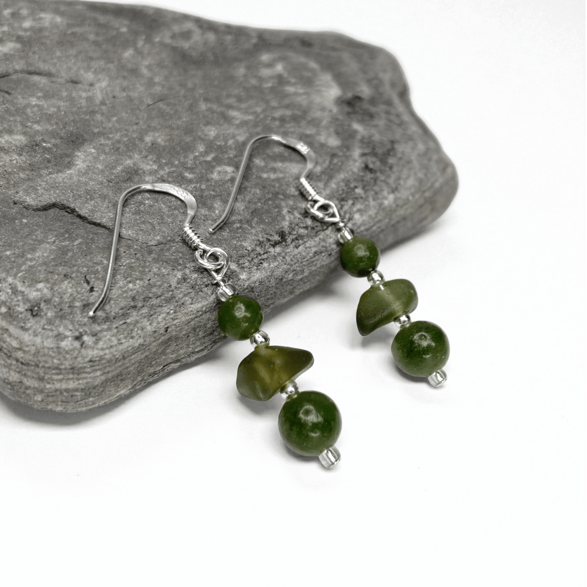 Sea Glass Earrings - Beaded - Green Jade Crystal - East Neuk Beach Crafts
