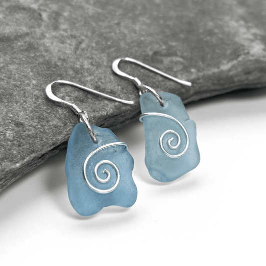 Sea Glass Earrings - Blue Celtic Wire Wrapped Jewellery - East Neuk Beach Crafts