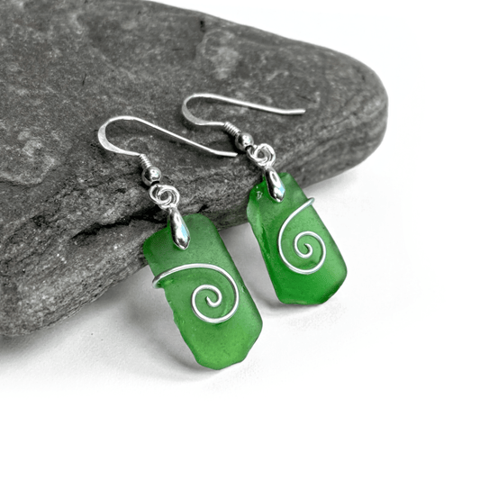 Sea Glass Earrings - Emerald Green Celtic Silver Wire Wrapped Jewellery - East Neuk Beach Crafts