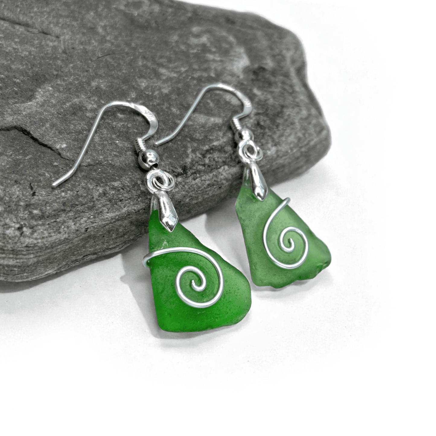 Sea Glass Earrings - Emerald Green Celtic Silver Wire Wrapped Jewellery - East Neuk Beach Crafts