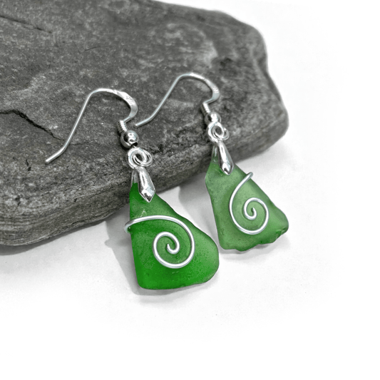 Sea Glass Earrings - Emerald Green Celtic Silver Wire Wrapped Jewellery - East Neuk Beach Crafts