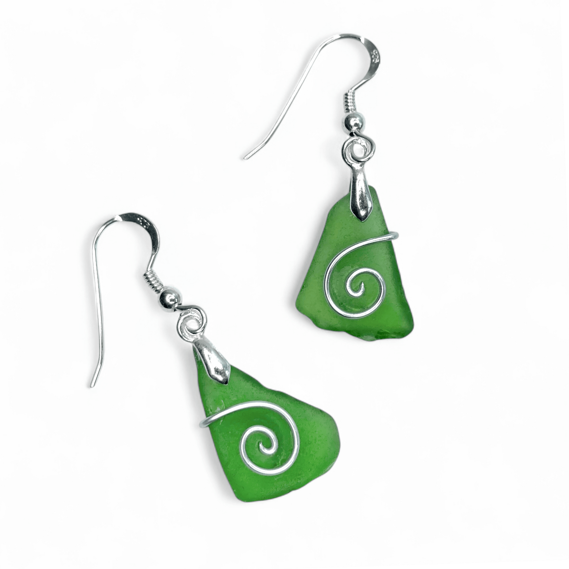 Sea Glass Earrings - Emerald Green Celtic Silver Wire Wrapped Jewellery - East Neuk Beach Crafts